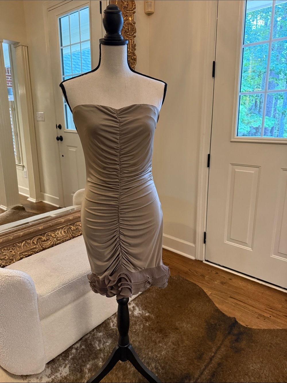 Strapless Ruched Mini Dress in Taupe- comes with adjustable strap optional